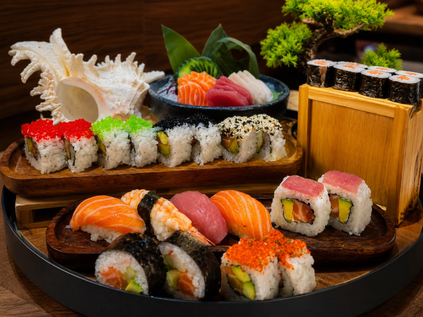 Assorted sushi, nigiri and sashimi selection