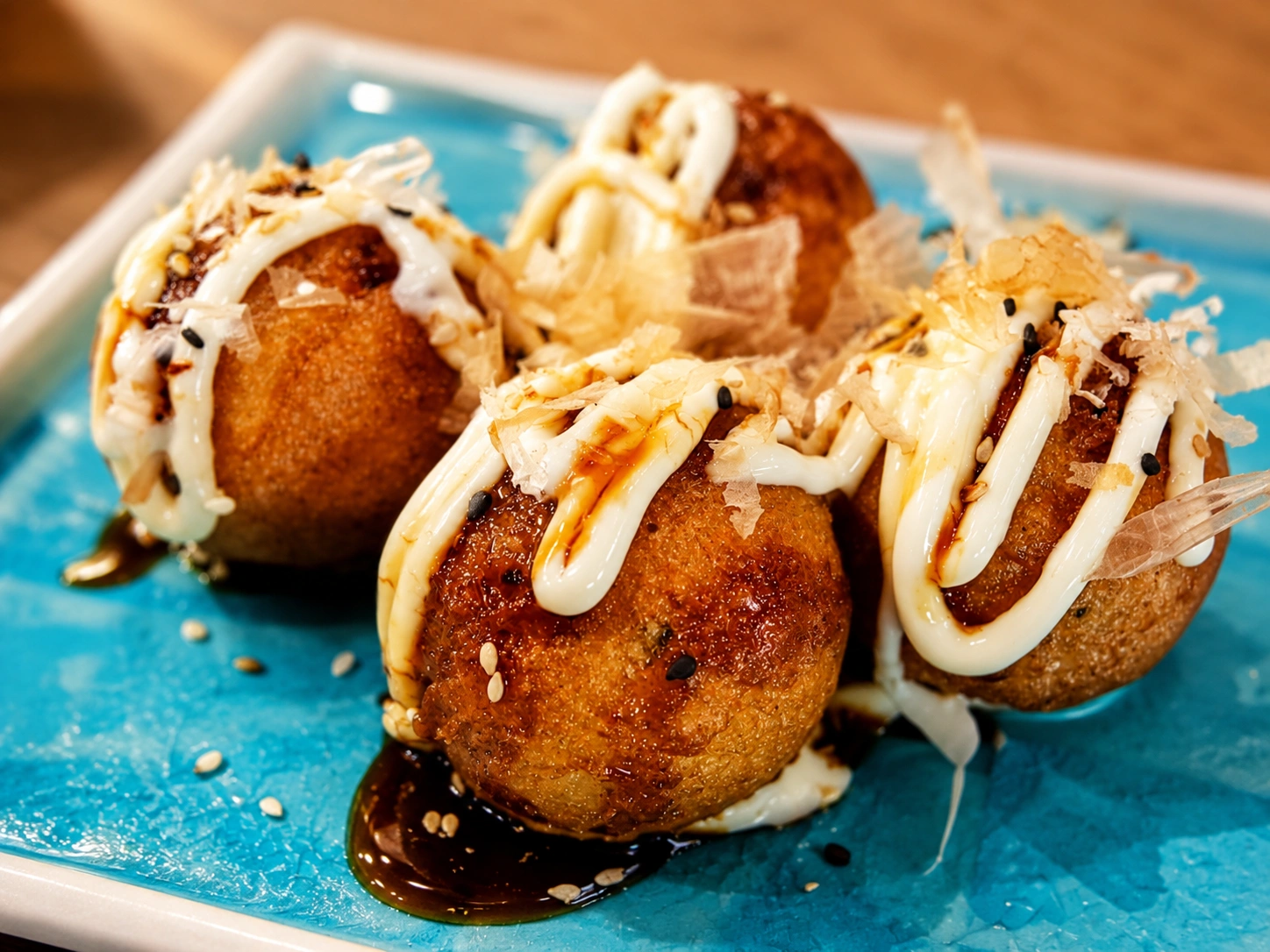 Takoyaki with sauce, mayonnaise and bonito flakes