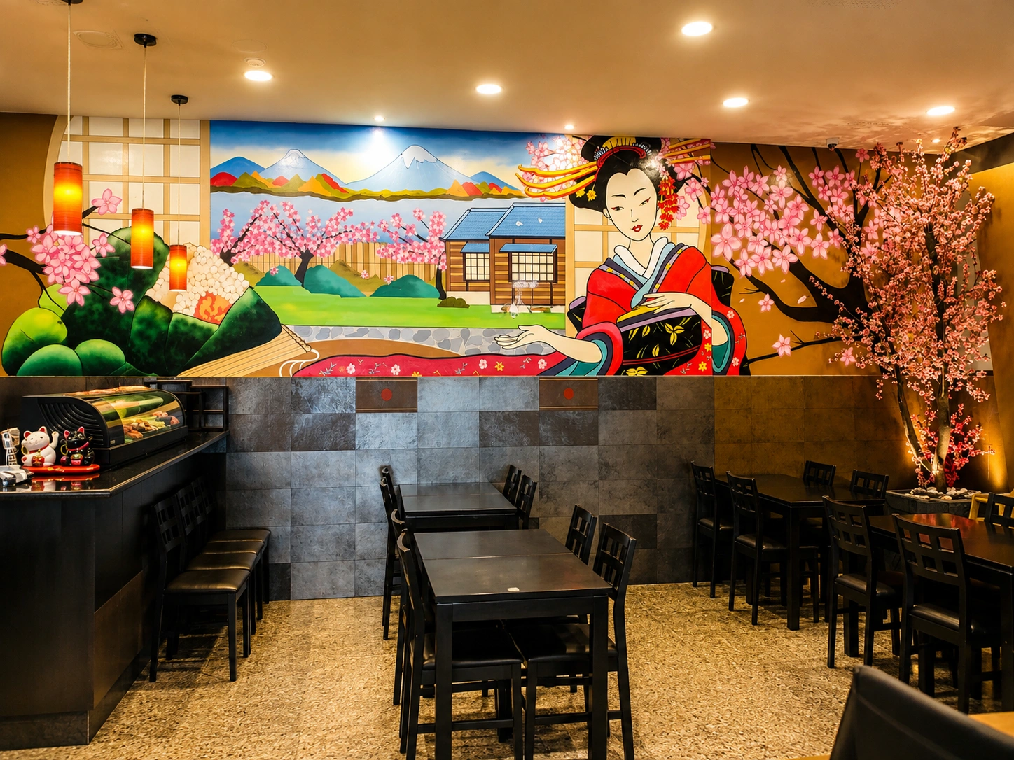 Dining room and Japanese mural at Sakura Alcântara